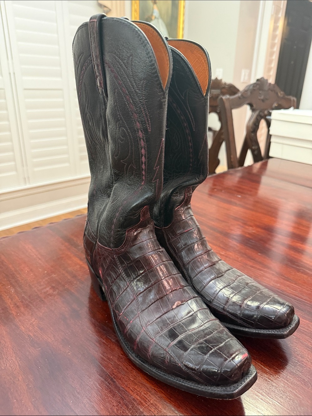 Lucchese Black Shaft with Dark Brown Exotic Leather Toe Cowboy Boots